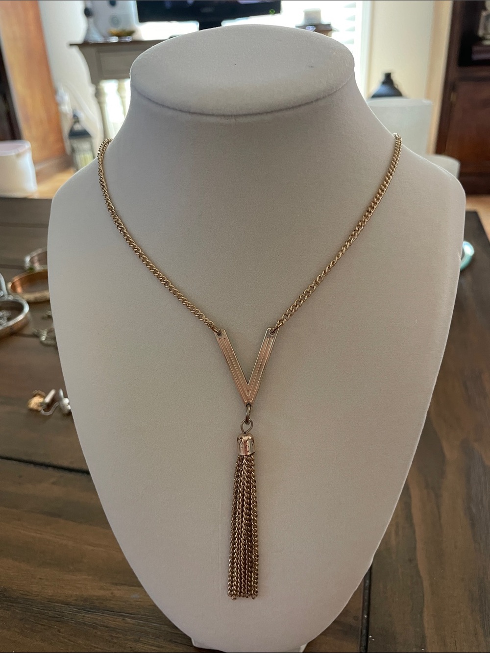 Gold Tone V Chevron Chain Tassel Fringe Pendant Necklace